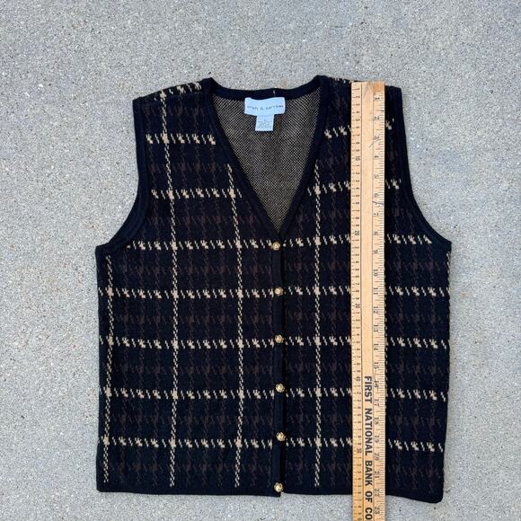 Y2K Croft & Barrow Houndstooth Dark Moody Black Gold Plaid Sweater Vest MEDIUM - Picture 2 of 7
